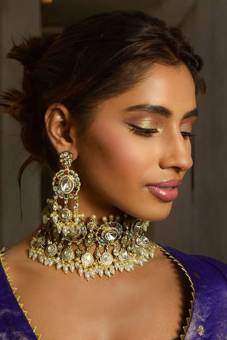 Shop Amaara Jewels Multi Color Diamonds, Stones Navratna Sitara Choker Necklace Set at Aza Fashions Shop_Amaara Jewels_Multi Color Diamonds, Stones Navratna Sitara Choker Necklace Set _at_Aza_Fashions