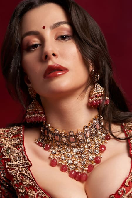 Amaara Jewels Coral Pearls, Diamonds, Stones And Pink Embellished Necklace Set Online at Aza Fashions Amaara Jewels_Coral Pearls, Diamonds, Stones And Pink Embellished Necklace Set _Online_at_Aza_Fashions