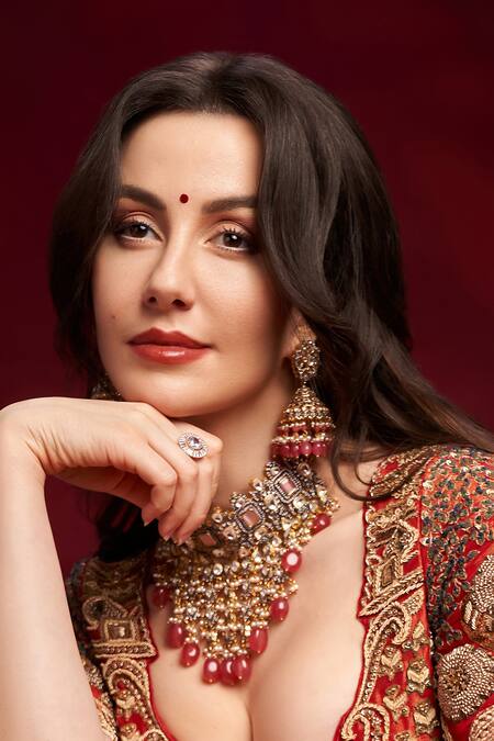 Shop Amaara Jewels Coral Pearls, Diamonds, Stones And Pink Embellished Necklace Set Online at Aza Fashions Shop_Amaara Jewels_Coral Pearls, Diamonds, Stones And Pink Embellished Necklace Set _Online_at_Aza_Fashions