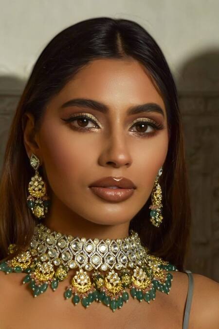Amaara Jewels Green Rhinestones, Stones Gilded Garden Necklace And Chandbali Earring Set Online at Aza Fashions Amaara Jewels_Green Rhinestones, Stones Gilded Garden Necklace And Chandbali Earring Set _Online_at_Aza_Fashions