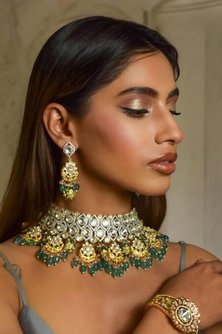 Buy Amaara Jewels Green Rhinestones, Stones Gilded Garden Necklace And Chandbali Earring Set Online at Aza Fashions Buy_Amaara Jewels_Green Rhinestones, Stones Gilded Garden Necklace And Chandbali Earring Set _Online_at_Aza_Fashions