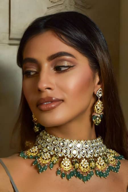 Shop Amaara Jewels Green Rhinestones, Stones Gilded Garden Necklace And Chandbali Earring Set at Aza Fashions Shop_Amaara Jewels_Green Rhinestones, Stones Gilded Garden Necklace And Chandbali Earring Set _at_Aza_Fashions