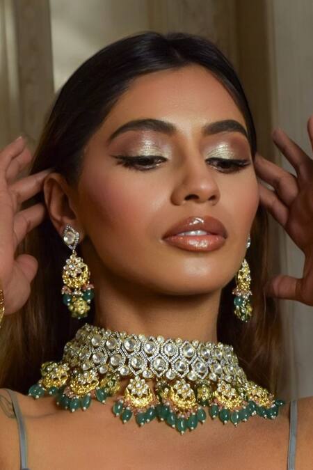 Shop Amaara Jewels Green Rhinestones, Stones Gilded Garden Necklace And Chandbali Earring Set Online at Aza Fashions Shop_Amaara Jewels_Green Rhinestones, Stones Gilded Garden Necklace And Chandbali Earring Set _Online_at_Aza_Fashions