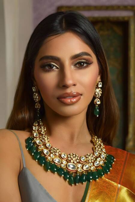 Amaara Jewels_Red Metallic Thread, Stones U-shaped Meenakari Necklace Set_Online_at_Aza_Fashions