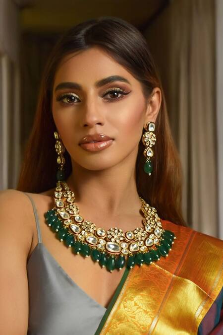 Buy_Amaara Jewels_Red Metallic Thread, Stones U-shaped Meenakari Necklace Set_Online_at_Aza_Fashions