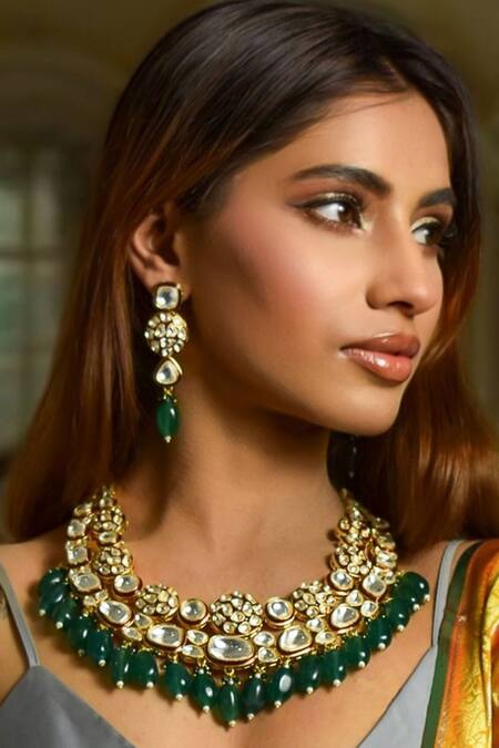 Shop_Amaara Jewels_Red Metallic Thread, Stones U-shaped Meenakari Necklace Set_Online_at_Aza_Fashions