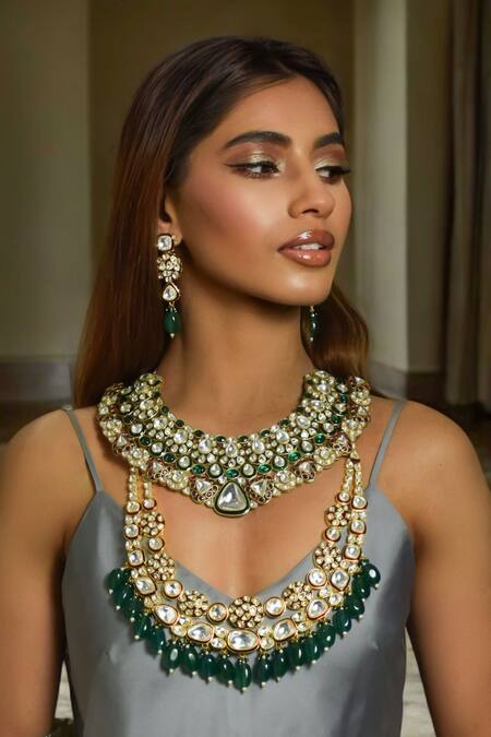 Buy_Amaara Jewels_Red Metallic Thread, Stones U-shaped Meenakari Necklace Set