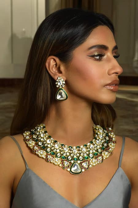 Amaara Jewels Bejewlled Collar Emerald Necklace Set 