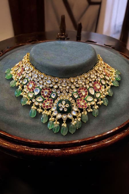 Buy_Amaara Jewels_Gold Plated Metallic Thread, Pearls, Emerald And Ruby Polki Bridal Necklace Set _Online_at_Aza_Fashions