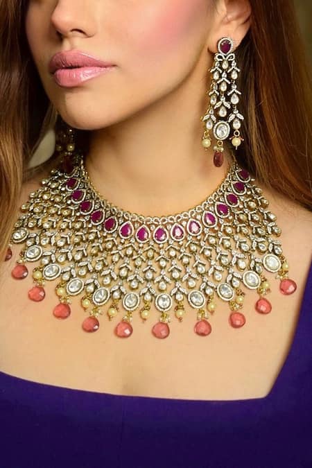 Shop Amaara Jewels Red Pearls, Stones Gold Finish Ruby Doublet Necklace Set Online at Aza Fashions Shop_Amaara Jewels_Red Pearls, Stones Gold Finish Ruby Doublet Necklace Set _Online_at_Aza_Fashions