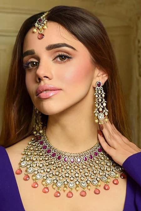 Shop Amaara Jewels Red Pearls, Stones Gold Finish Ruby Doublet Necklace Set at Aza Fashions Shop_Amaara Jewels_Red Pearls, Stones Gold Finish Ruby Doublet Necklace Set _at_Aza_Fashions