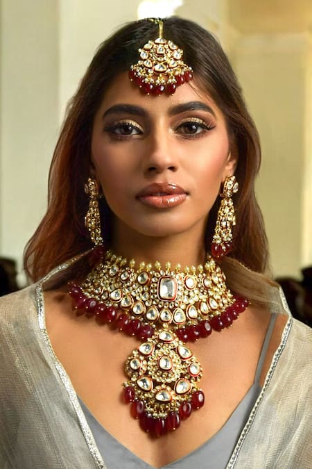 Shop Amaara Jewels Red Rhinestones, Stones Designer Kundan Ruby Necklace Set at Aza Fashions Shop_Amaara Jewels_Red Rhinestones, Stones Designer Kundan Ruby Necklace Set _at_Aza_Fashions