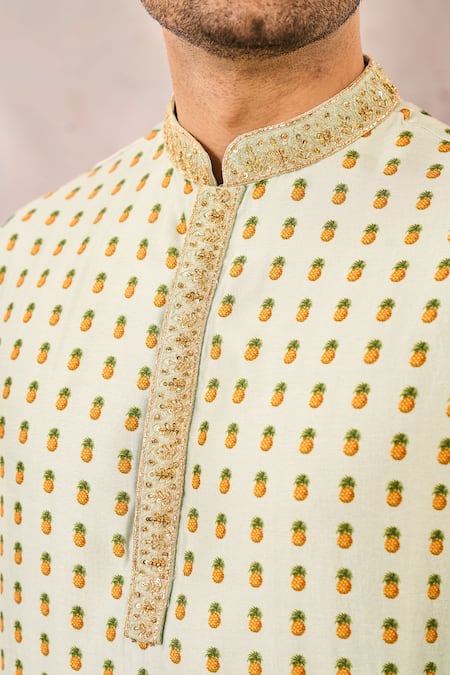 Masaba_Green Viscose, Silk Sequins, Cut Work Sage Son Phal Printed Kurta _Online_at_Aza_Fashions