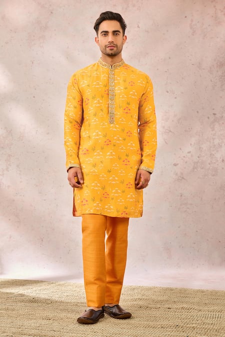 Masaba_Yellow Viscose, Silk Zari, Sequins Mustard Phoolwari Printed Kurta _Online_at_Aza_Fashions