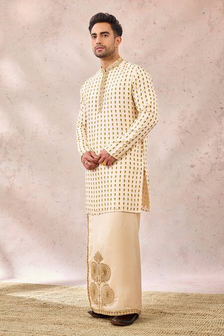 Shop Masaba Ivory Viscose, Silk Sequins, Zari, Son Phal Print Kurta And Floral Veshti Set Online at Aza Fashions Shop_Masaba_Ivory Viscose, Silk Sequins, Zari, Son Phal Print Kurta And Floral Veshti Set _Online_at_Aza_Fashions