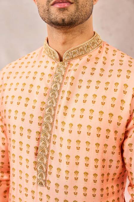 Masaba_Pink Viscose Zari Floral Print Zardozi Kurta _Online_at_Aza_Fashions