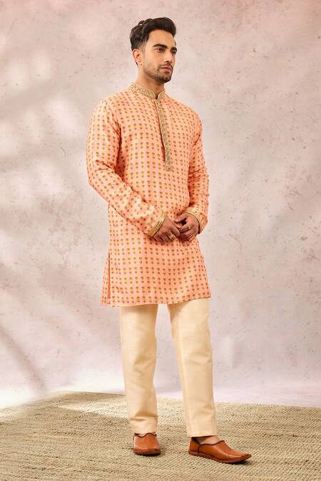 Shop_Masaba_Pink Viscose Zari Floral Print Zardozi Kurta _Online_at_Aza_Fashions