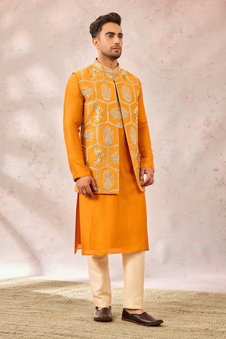 Shop_Masaba_Orange Silk Sequins, Zari, Embroidery Rust Bundi And Kurta Set _Online_at_Aza_Fashions