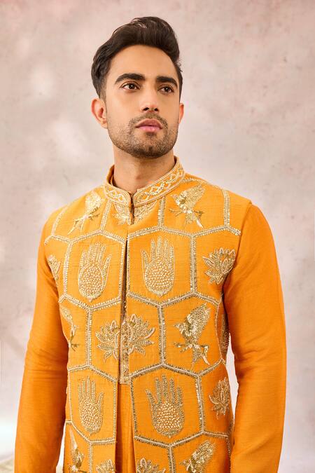 Masaba_Orange Silk Sequins, Zari, Embroidery Rust Bundi And Kurta Set _at_Aza_Fashions