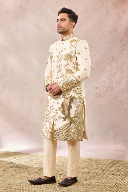 Shop_Masaba_Ivory , Cotton, Satin Zari, Beads, Sequins, Sherwani And Kurta Set _Online_at_Aza_Fashions