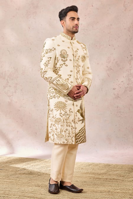 Masaba_Ivory , Cotton, Satin Zari, Beads, Sequins, Sherwani And Kurta Set _at_Aza_Fashions