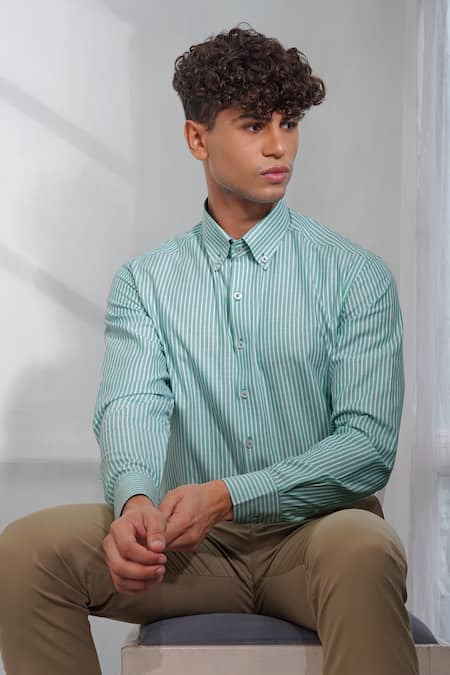 Eleven Brothers_Green Cotton Striped Collar Shirt_Online_at_Aza_Fashions