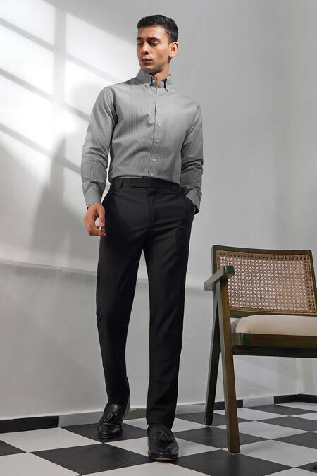 Eleven Brothers Gray Cotton Grey Striped Collared Shirt Online at Aza Fashions Eleven Brothers_Gray Cotton Grey Striped Collared Shirt_Online_at_Aza_Fashions