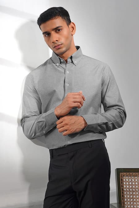 Shop Eleven Brothers Gray Cotton Grey Striped Collared Shirt at Aza Fashions Shop_Eleven Brothers_Gray Cotton Grey Striped Collared Shirt_at_Aza_Fashions