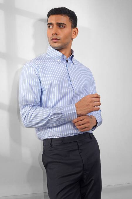 Shop_Eleven Brothers_Blue Cotton Striped Oxford Shirt_at_Aza_Fashions