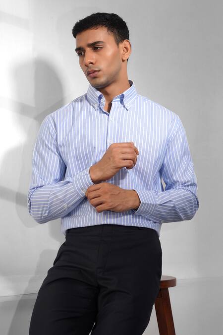 Eleven Brothers_Blue Cotton Striped Oxford Shirt_Online_at_Aza_Fashions