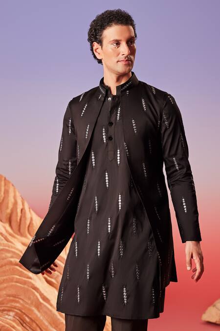 Eleven Brothers Black Taffeta, Silk Mirrors Vine Embroidered Kurta Set Online at Aza Fashions Eleven Brothers_Black Taffeta, Silk Mirrors Vine Embroidered Kurta Set _Online_at_Aza_Fashions