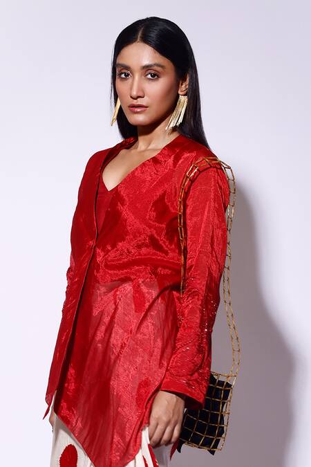 Buy Kritika Murarka Red Silk Cut Work V-neck Floral Embroidered Top Buy_Kritika Murarka_Red Silk Cut Work V-neck Floral Embroidered Top