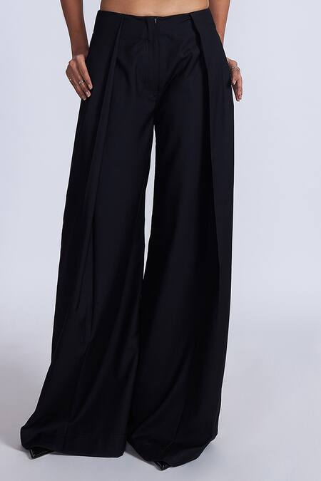 Buy_Advait_Black Polyester, Cotton Wide Legged Kuro Pleated Trouser _Online_at_Aza_Fashions