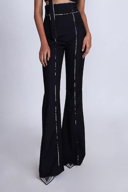 Shop_Advait_Black Polyester, Cotton Piping Detail Flared Trouser _Online_at_Aza_Fashions