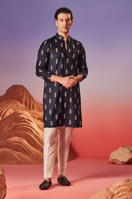 Shop Eleven Brothers Black Chiffon Midnight Blossom Motif Kurta at Aza Fashions Shop_Eleven Brothers_Black Chiffon Midnight Blossom Motif Kurta _at_Aza_Fashions