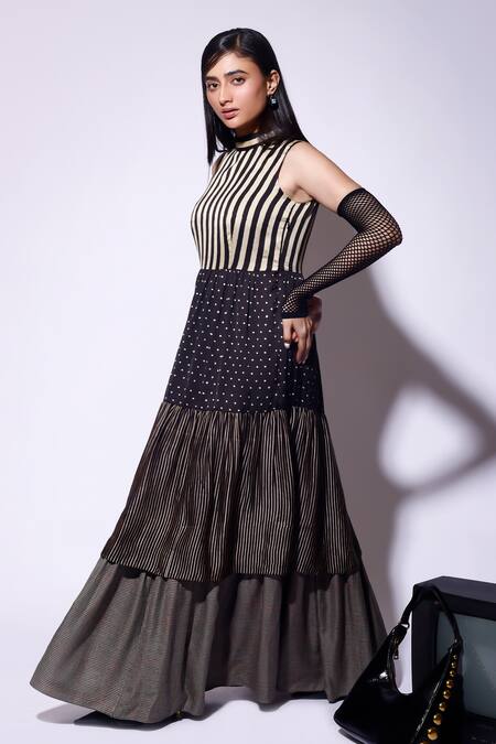 Kritika Murarka_Black Satin High Neck Striped Houndstooth Print Maxi Dress _Online_at_Aza_Fashions