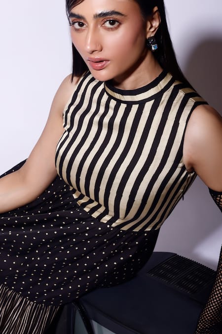 Shop_Kritika Murarka_Black Satin High Neck Striped Houndstooth Print Maxi Dress _Online_at_Aza_Fashions