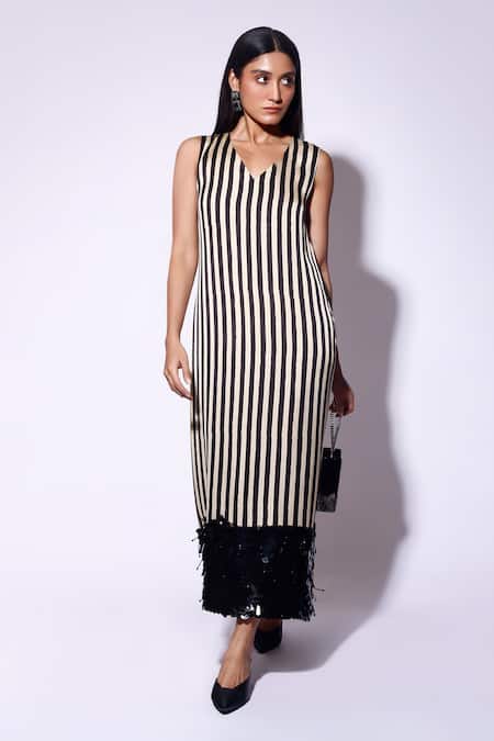 Kritika Murarka_Black Satin Sequins V-neck Striped Print Midi Dress _Online_at_Aza_Fashions