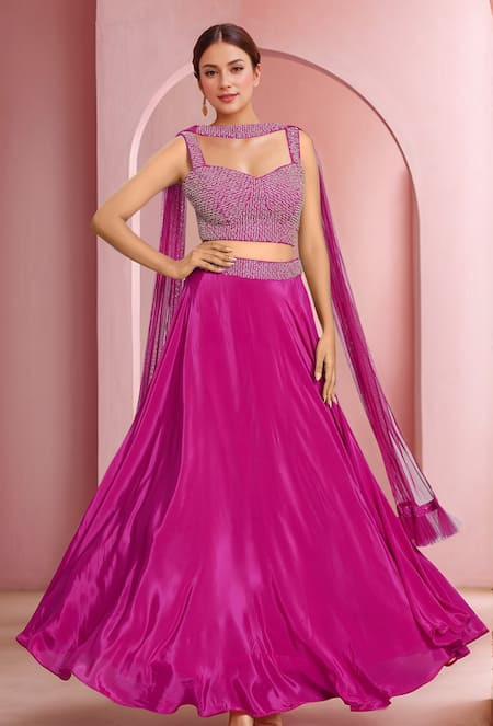 Samyukta Singhania Pink Crepe Embroidered Cutdana Sweetheart Flared Waistline Lehenga Set 