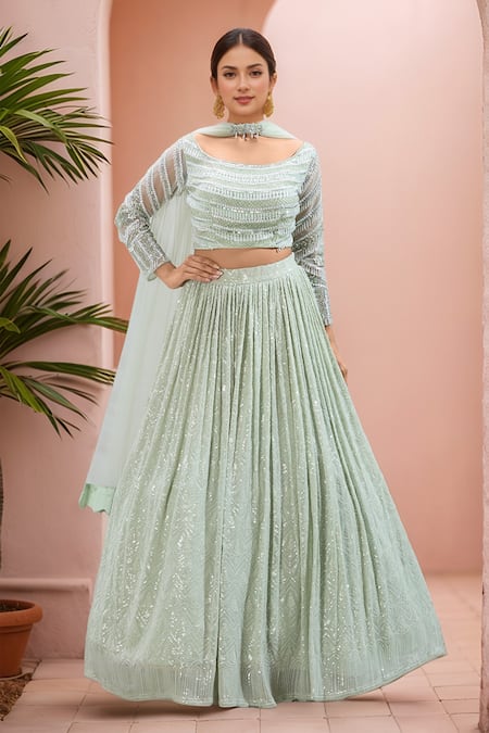 Samyukta Singhania Green Georgette Embroidery Geometric Scoop Neck Sequin Lehenga Set 