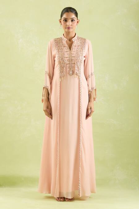 Buy_Samyukta Singhania_Pink Crepe Beads Collared Hand Embroidered Kaftan _Online_at_Aza_Fashions