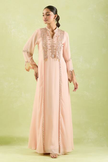 Shop_Samyukta Singhania_Pink Crepe Beads Collared Hand Embroidered Kaftan _Online_at_Aza_Fashions