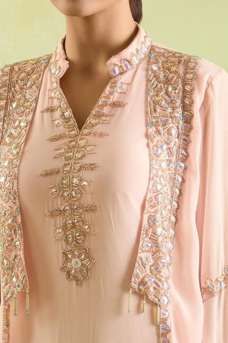 Samyukta Singhania_Pink Crepe Beads Collared Hand Embroidered Kaftan _at_Aza_Fashions