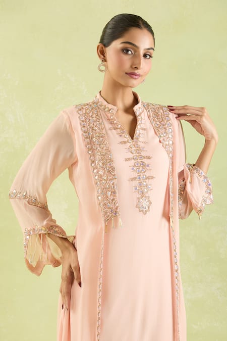 Buy_Samyukta Singhania_Pink Crepe Beads Collared Hand Embroidered Kaftan 