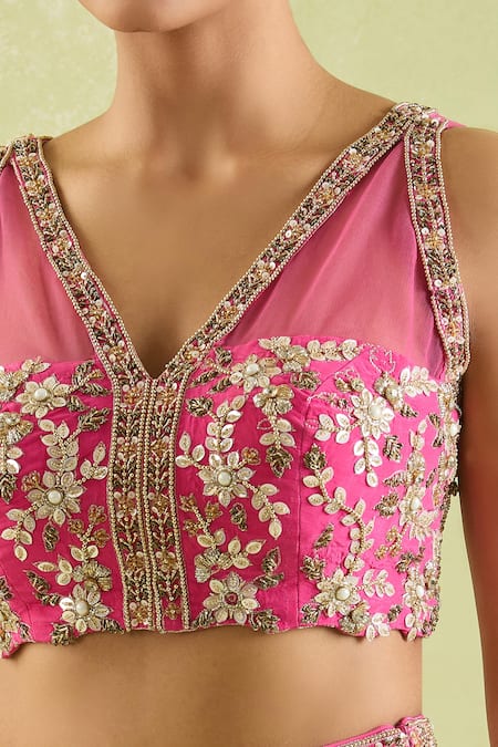 Samyukta Singhania Pink Crepe, Net Embroidery, Gota Patti, Beads V-neck Floral Top And Draped Skirt Online at Aza Fashions Samyukta Singhania_Pink Crepe, Net Embroidery, Gota Patti, Beads V-neck Floral Top And Draped Skirt _Online_at_Aza_Fashions