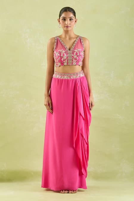 Buy Samyukta Singhania Pink Crepe, Net Embroidery, Gota Patti, Beads V-neck Floral Top And Draped Skirt Online at Aza Fashions Buy_Samyukta Singhania_Pink Crepe, Net Embroidery, Gota Patti, Beads V-neck Floral Top And Draped Skirt _Online_at_Aza_Fashions