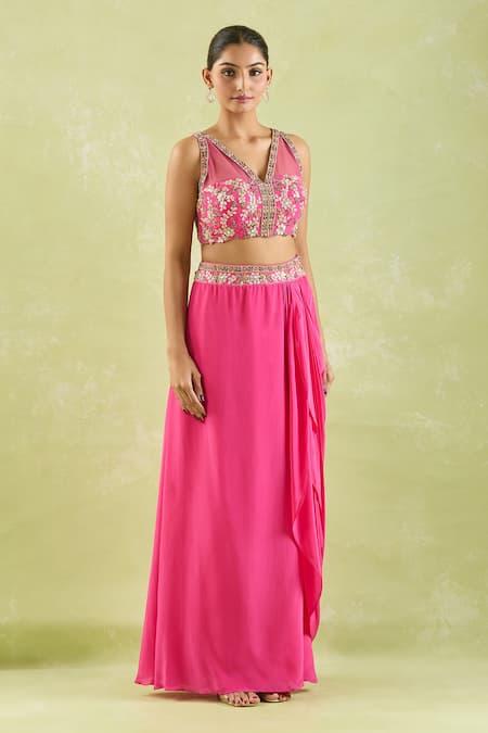 Shop Samyukta Singhania Pink Crepe, Net Embroidery, Gota Patti, Beads V-neck Floral Top And Draped Skirt Online at Aza Fashions Shop_Samyukta Singhania_Pink Crepe, Net Embroidery, Gota Patti, Beads V-neck Floral Top And Draped Skirt _Online_at_Aza_Fashions