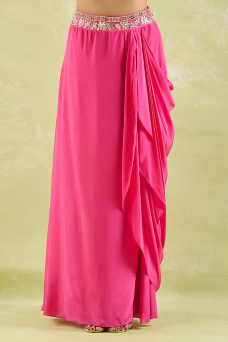 Samyukta Singhania Pink Crepe, Net Embroidery, Gota Patti, Beads V-neck Floral Top And Draped Skirt at Aza Fashions Samyukta Singhania_Pink Crepe, Net Embroidery, Gota Patti, Beads V-neck Floral Top And Draped Skirt _at_Aza_Fashions