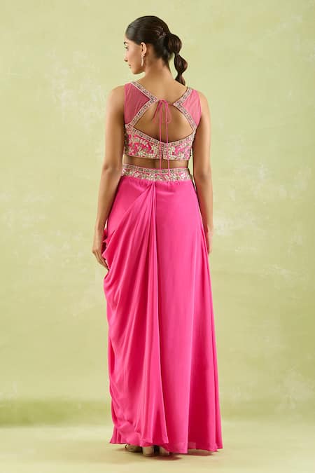 Shop Samyukta Singhania Pink Crepe, Net Embroidery, Gota Patti, Beads V-neck Floral Top And Draped Skirt at Aza Fashions Shop_Samyukta Singhania_Pink Crepe, Net Embroidery, Gota Patti, Beads V-neck Floral Top And Draped Skirt _at_Aza_Fashions