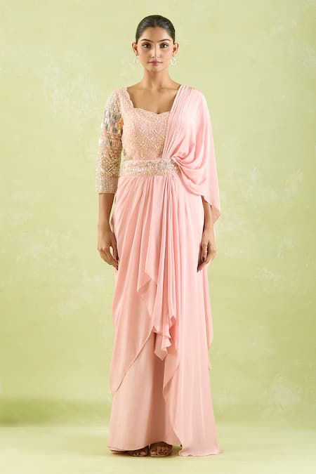 Buy Samyukta Singhania Pink Crepe, Net Embroidery, Sequins Sweetheart Neck Floral Saree Gown Online at Aza Fashions Buy_Samyukta Singhania_Pink Crepe, Net Embroidery, Sequins Sweetheart Neck Floral Saree Gown _Online_at_Aza_Fashions